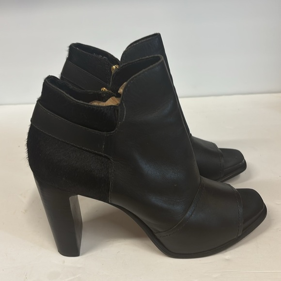 MAD3 Black Cow Skin Hair Leather Block Heel Peep Toe Booties - Picture 1 of 12